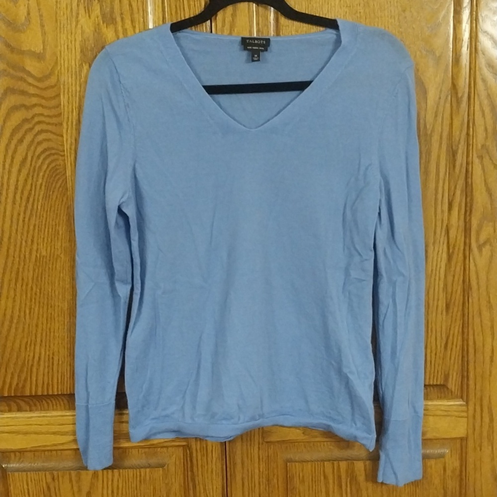 Talbot's Women's Merino Wool V-Neck Pullover Sweater Sz Medium Blue Long Sleeves
